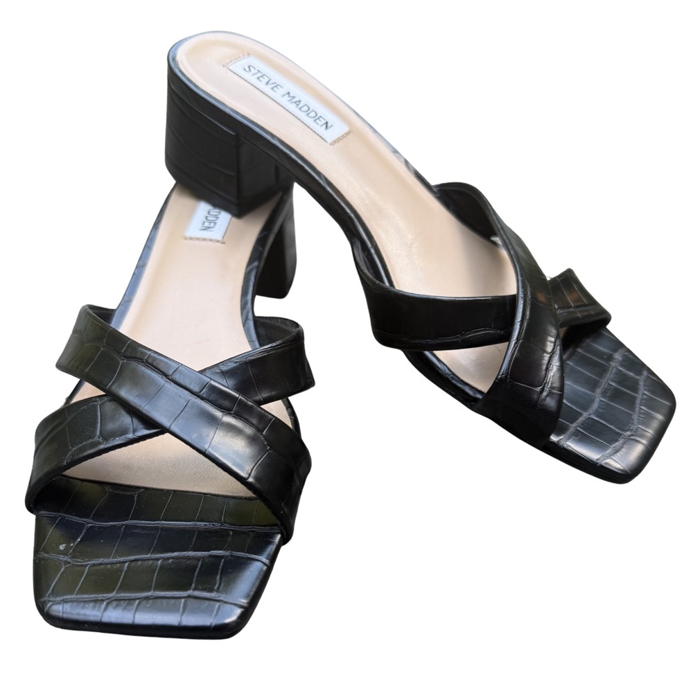 Steve Madden Black Croc-Embossed Block Heel Mules